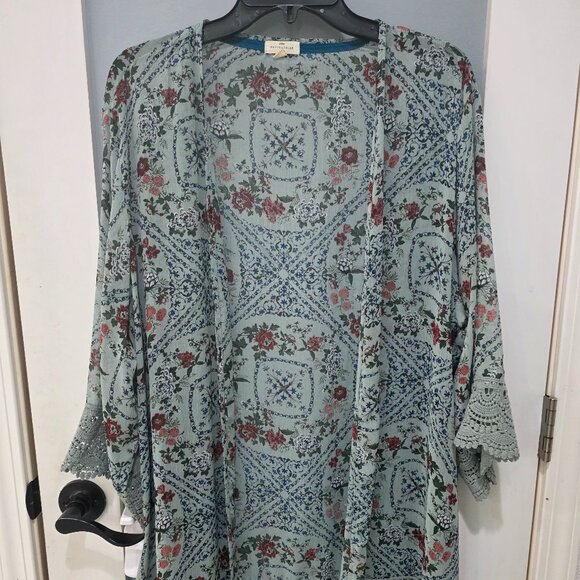 mason & belle Tops - Mason & Belle Boho Teal Floral Kimono Cover Up 2X | Sheer Lace Trim Duster